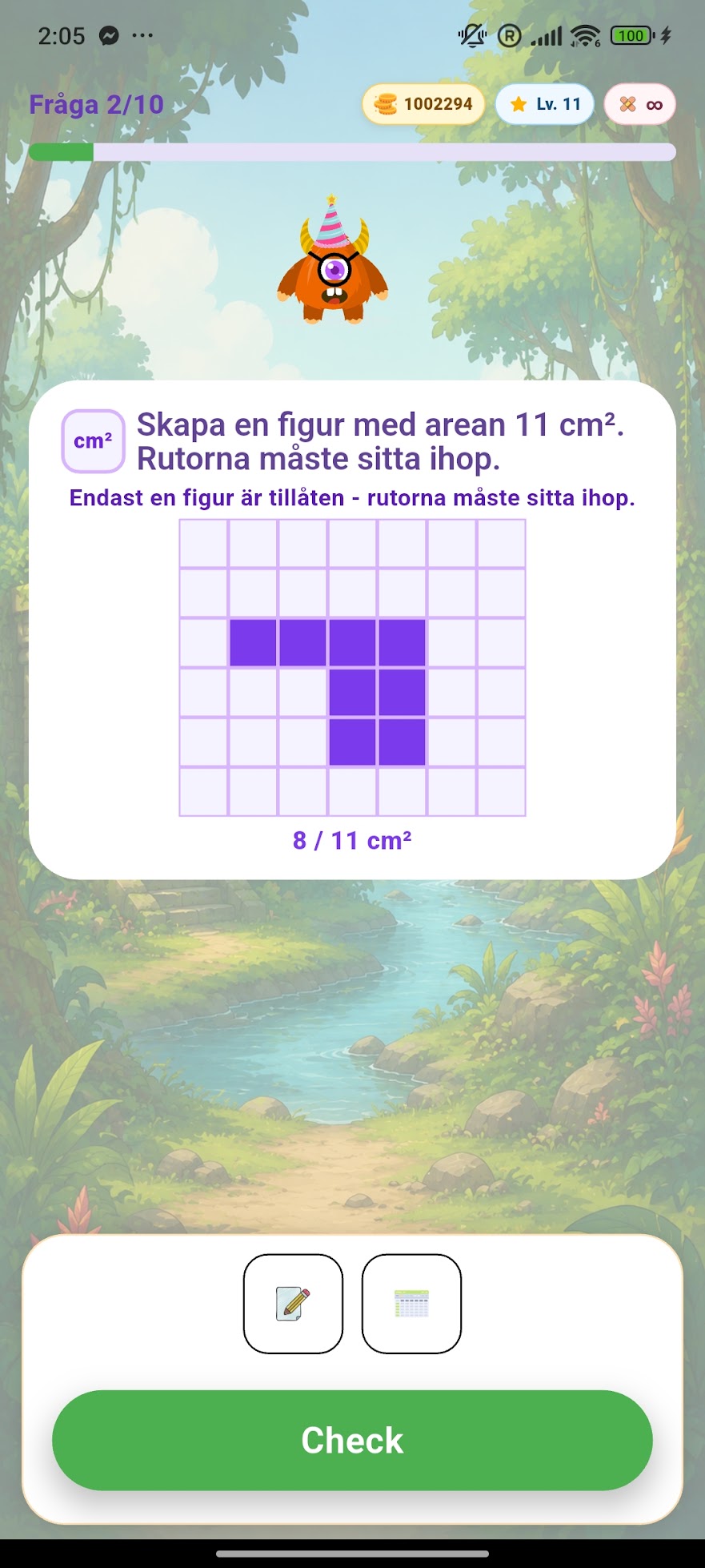 MathPop-uppgift där barnet bygger en figur med en viss area på ett rutnät