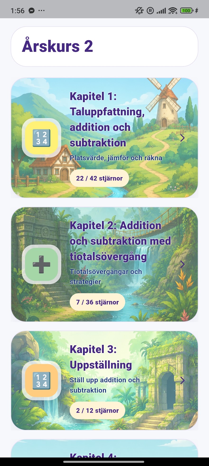 MathPops kapitelvy för årskurs 2 med kapitel, beskrivningar och intjänade stjärnor