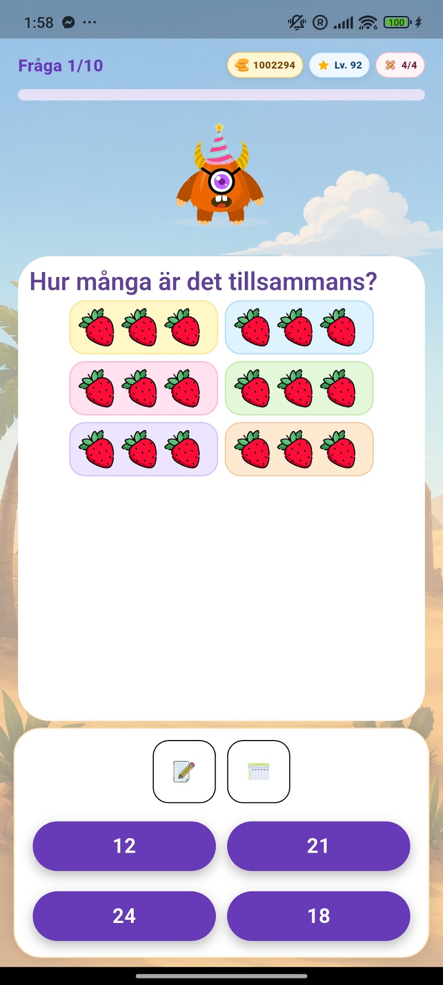MathPop-uppgift där barnet räknar grupper av jordgubbar