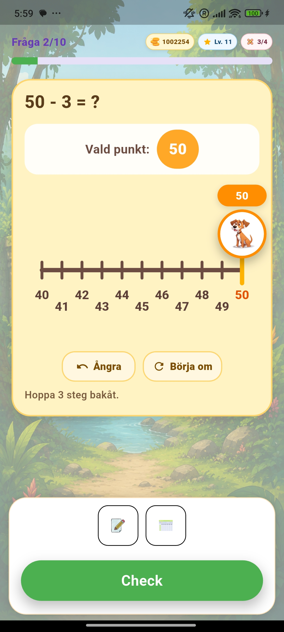 MathPop-uppgift på en tallinje där barnet hoppar 3 steg bakåt från 50